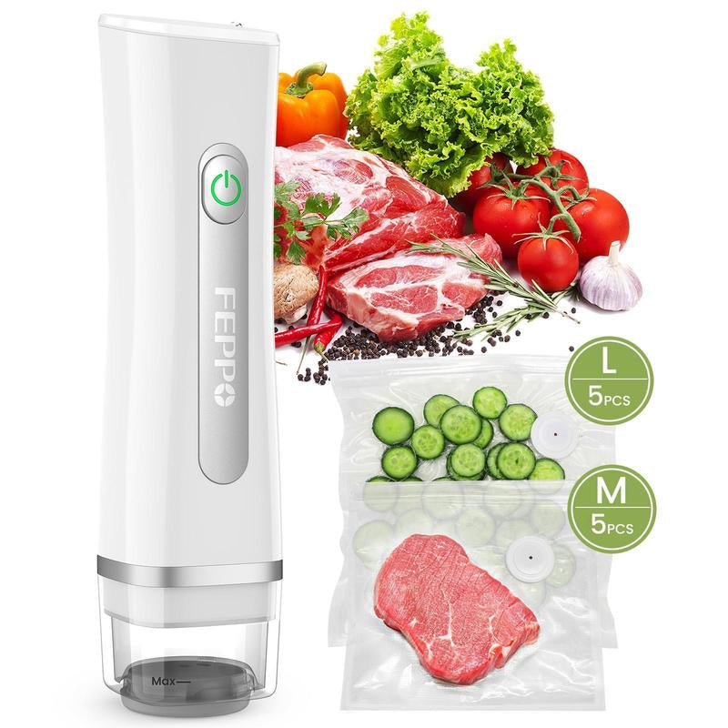 FEPPO Vacuum Sealer for Food with Visual Water Storage Tank, Handheld Saver Vacuum Sealer Machine with 10 Reusable Bags for 6X Preservation & Fresh