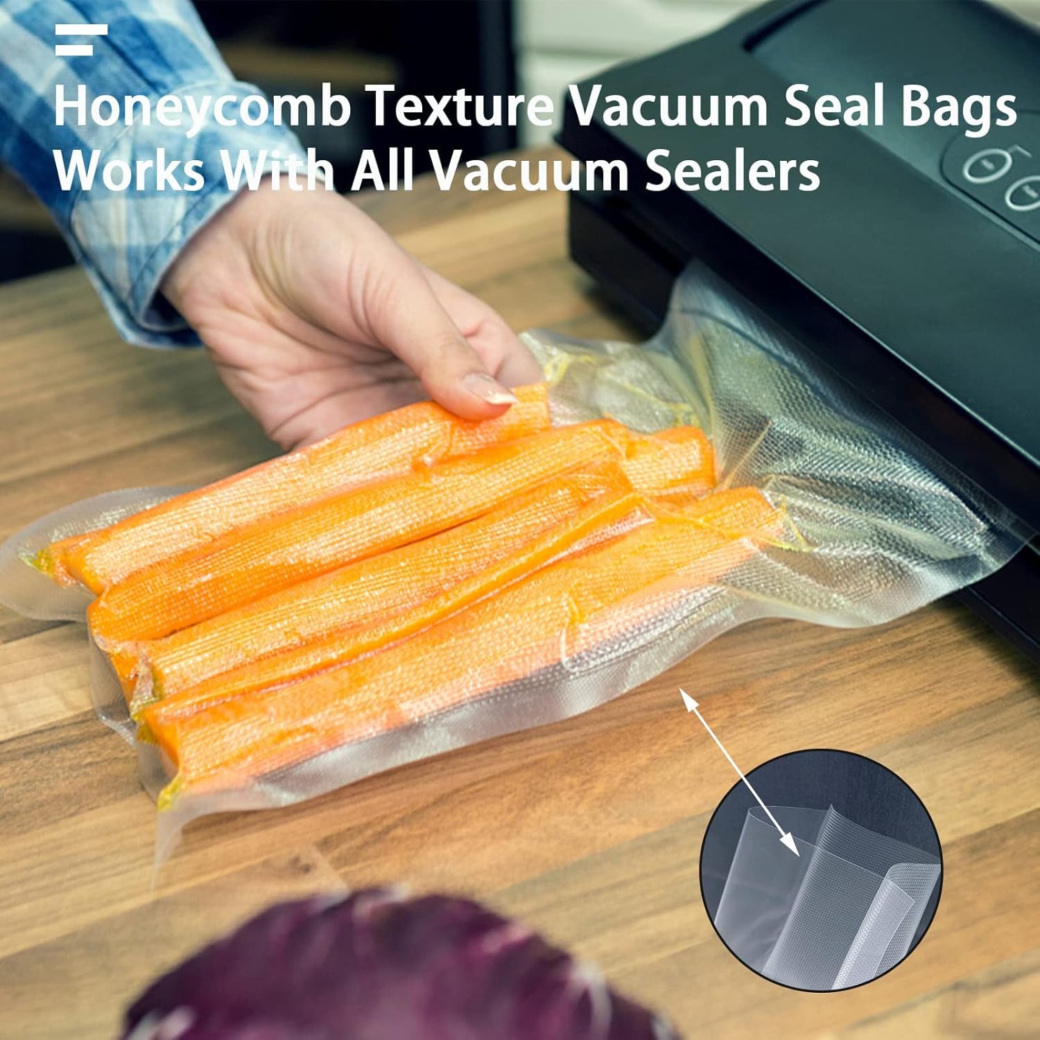 Vacuum Sealer Bags, 8" × 12" 100 PCS Heavy Duty Pre-Cut Design Commercial Grade Food Sealable Bag for Heat Seal Food Storage,Smell Proof Bags Boilsafe to 280°F Freezable, Resizable,Reuseable (100Pcs)