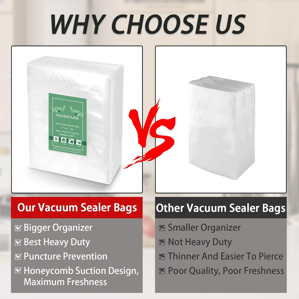 Vacuum Sealer Bags, 8" × 12" 100 PCS Heavy Duty Pre-Cut Design Commercial Grade Food Sealable Bag for Heat Seal Food Storage,Smell Proof Bags Boilsafe to 280°F Freezable, Resizable,Reuseable (100Pcs)