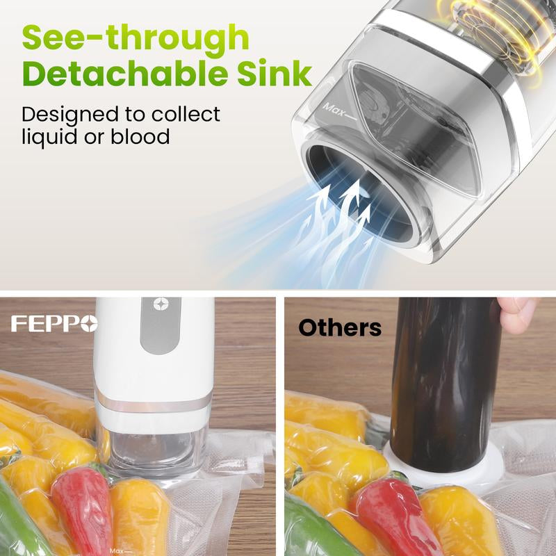 FEPPO Vacuum Sealer for Food with Visual Water Storage Tank, Handheld Saver Vacuum Sealer Machine with 10 Reusable Bags for 6X Preservation & Fresh
